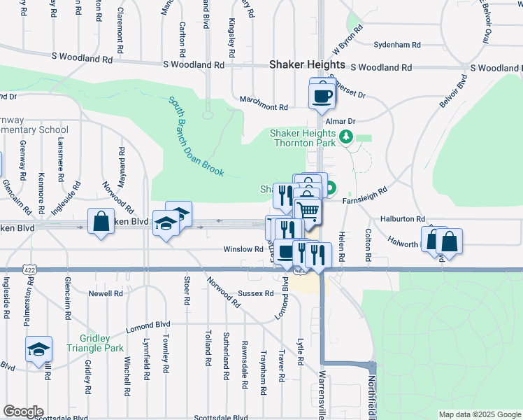 map of restaurants, bars, coffee shops, grocery stores, and more near 19901 Van Aken Boulevard in Shaker Heights