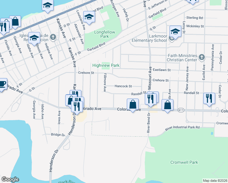 map of restaurants, bars, coffee shops, grocery stores, and more near 1919 Randall Street in Lorain