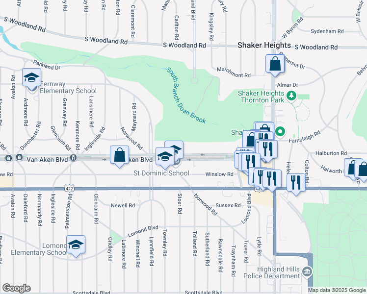map of restaurants, bars, coffee shops, grocery stores, and more near 19201 Van Aken Boulevard in Shaker Heights