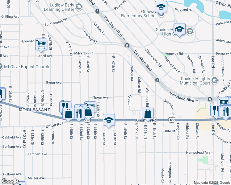 map of restaurants, bars, coffee shops, grocery stores, and more near 3389 East 147th Street in Cleveland
