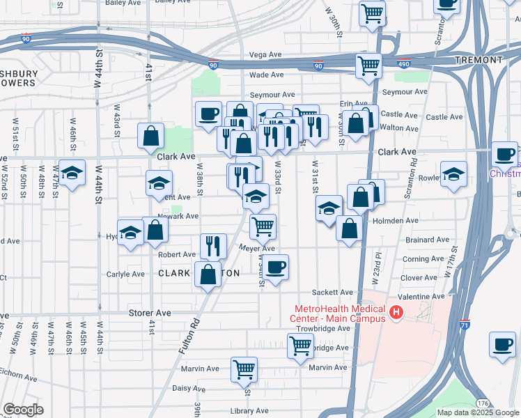 map of restaurants, bars, coffee shops, grocery stores, and more near 3475 Saint Roccos Court in Cleveland
