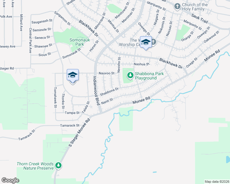 map of restaurants, bars, coffee shops, grocery stores, and more near 177 Shabbona Drive in Park Forest