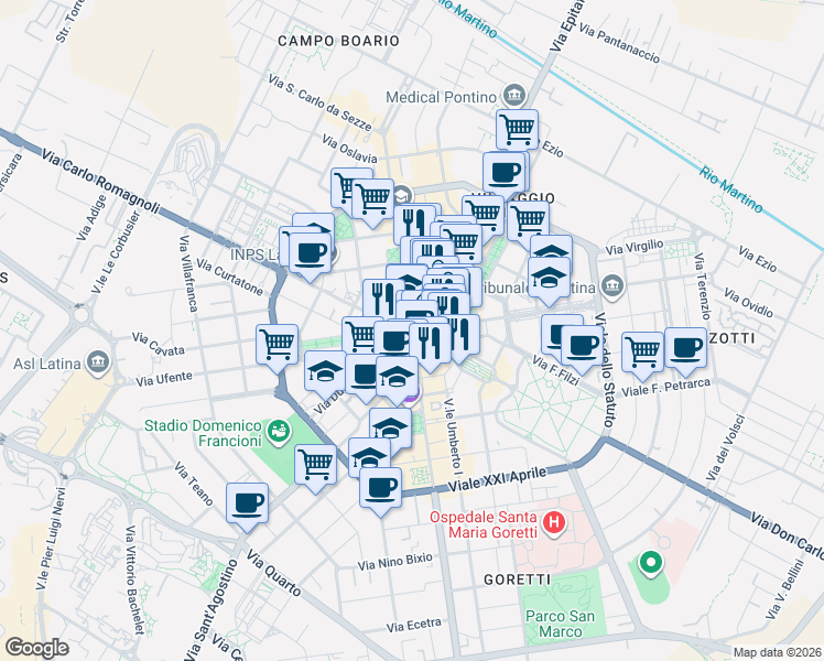 map of restaurants, bars, coffee shops, grocery stores, and more near 4 Piazza del Popolo in Latina