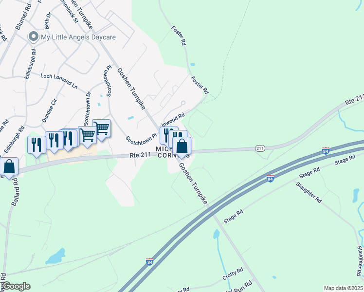 map of restaurants, bars, coffee shops, grocery stores, and more near 100 Hillside Drive in Middletown