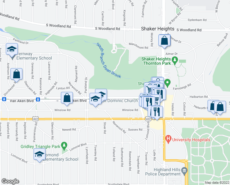 map of restaurants, bars, coffee shops, grocery stores, and more near 3301 Warrensville Center Road in Shaker Heights