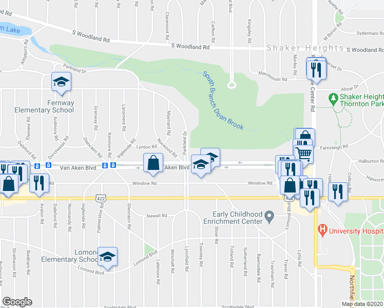 map of restaurants, bars, coffee shops, grocery stores, and more near 18975 Van Aken Boulevard in Shaker Heights