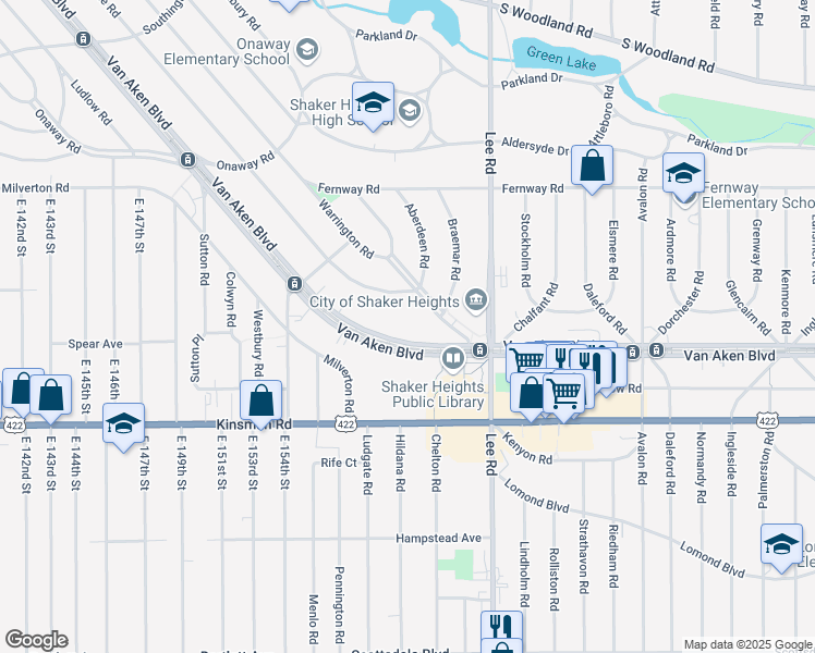map of restaurants, bars, coffee shops, grocery stores, and more near 16015 Van Aken Boulevard in Shaker Heights