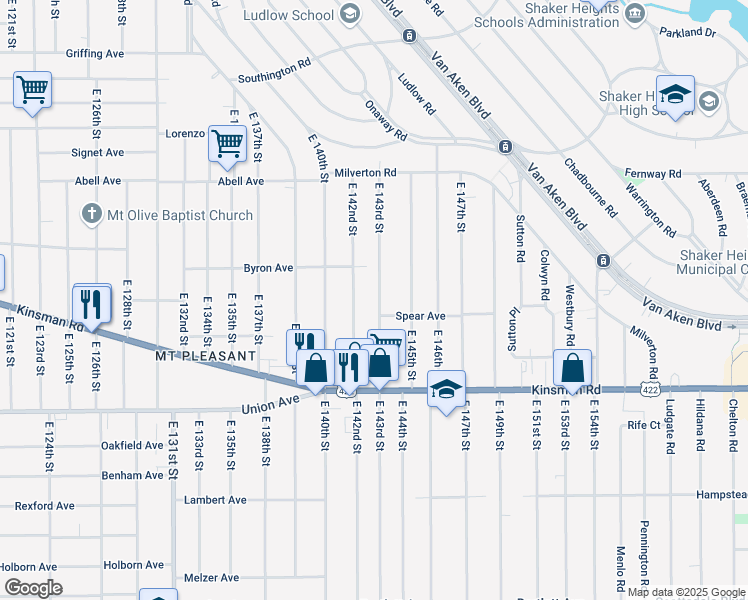 map of restaurants, bars, coffee shops, grocery stores, and more near 3381 East 143rd Street in Cleveland