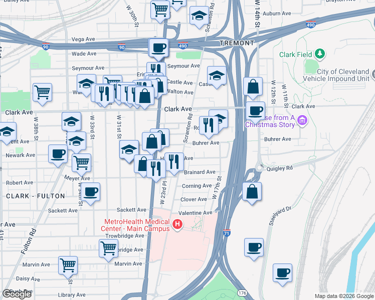 map of restaurants, bars, coffee shops, grocery stores, and more near 3190 Scranton Road in Cleveland