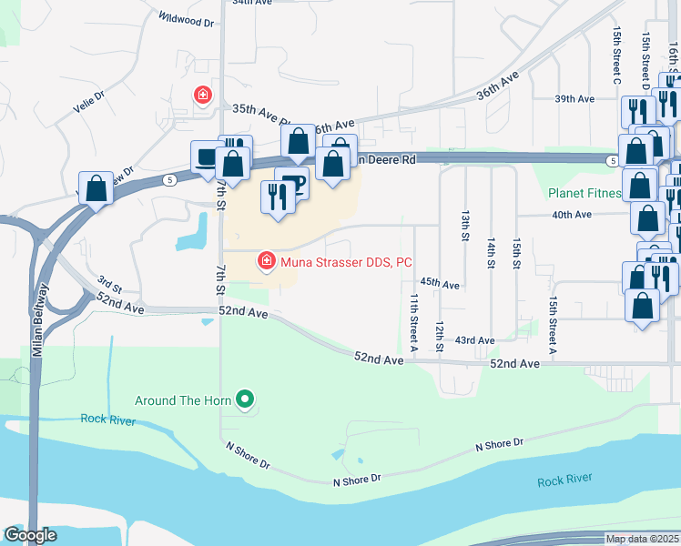 map of restaurants, bars, coffee shops, grocery stores, and more near 1029 Arbor Dr in Moline