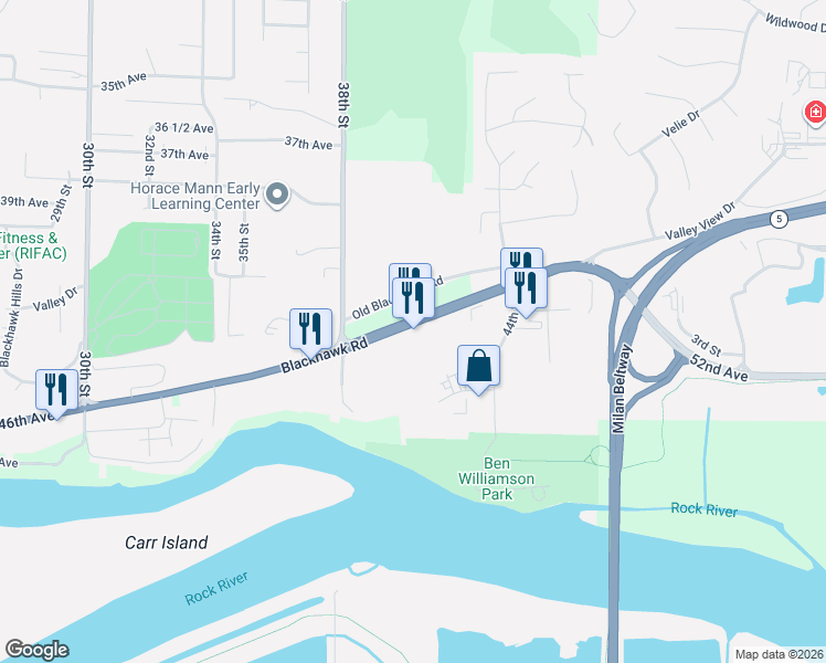 map of restaurants, bars, coffee shops, grocery stores, and more near 4004 Blackhawk Road in Rock Island