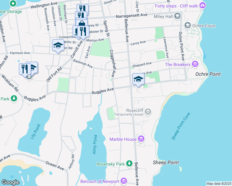 map of restaurants, bars, coffee shops, grocery stores, and more near 84 Coggeshall Avenue in Newport