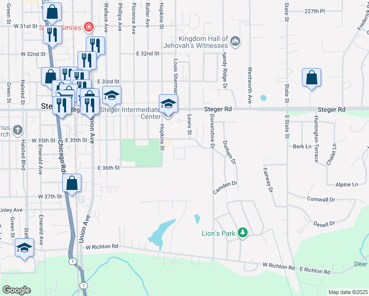 map of restaurants, bars, coffee shops, grocery stores, and more near 347 Columbia Circle in Steger