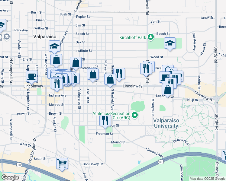 map of restaurants, bars, coffee shops, grocery stores, and more near 556 Laporte Avenue in Valparaiso