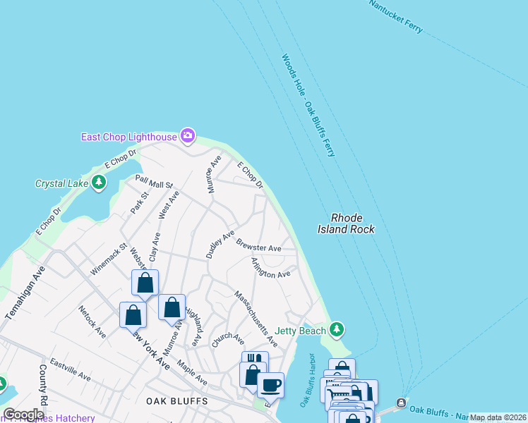 map of restaurants, bars, coffee shops, grocery stores, and more near 9 Weston Avenue in Oak Bluffs