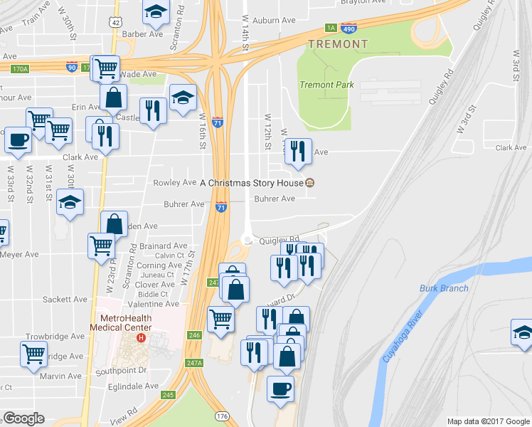 map of restaurants, bars, coffee shops, grocery stores, and more near 1288 Holmden Ave in Cleveland