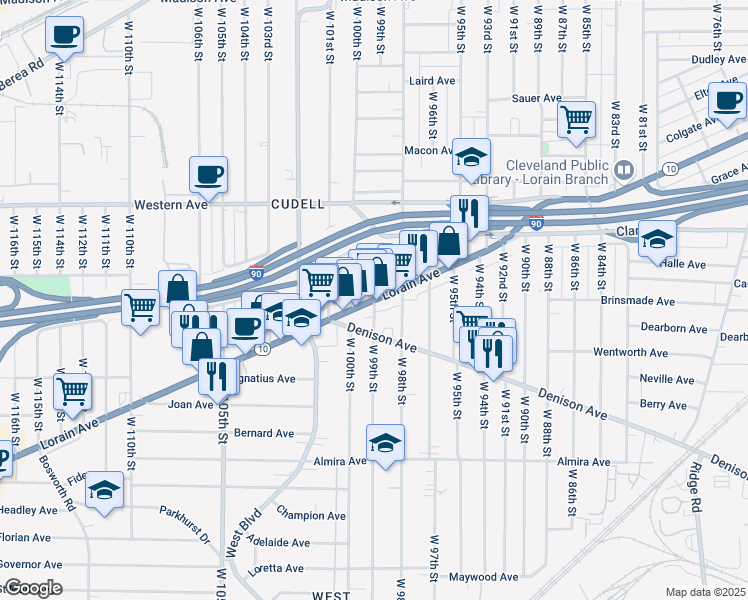 map of restaurants, bars, coffee shops, grocery stores, and more near Lorain Ave & W 99th St in Cleveland