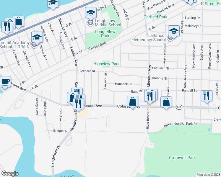 map of restaurants, bars, coffee shops, grocery stores, and more near 1840 Hancock Street in Lorain