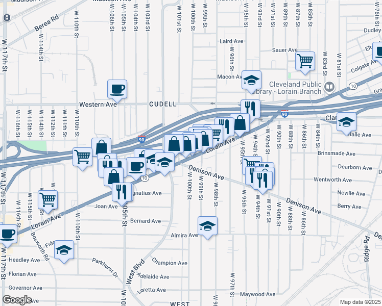 map of restaurants, bars, coffee shops, grocery stores, and more near 3141 W 100th St in Cleveland