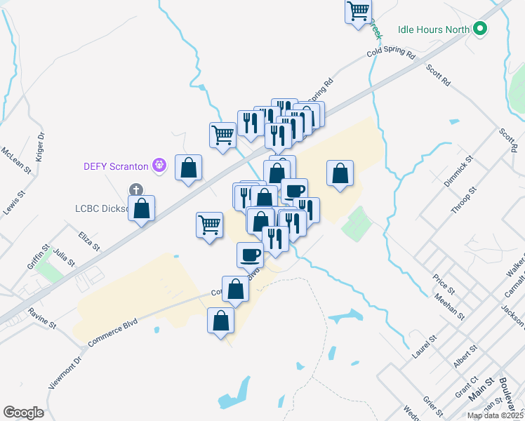 map of restaurants, bars, coffee shops, grocery stores, and more near 1140 Commerce Boulevard in Dickson City