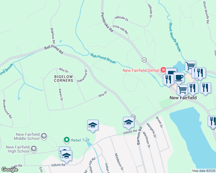 map of restaurants, bars, coffee shops, grocery stores, and more near 237 Ball Pond Road in New Fairfield