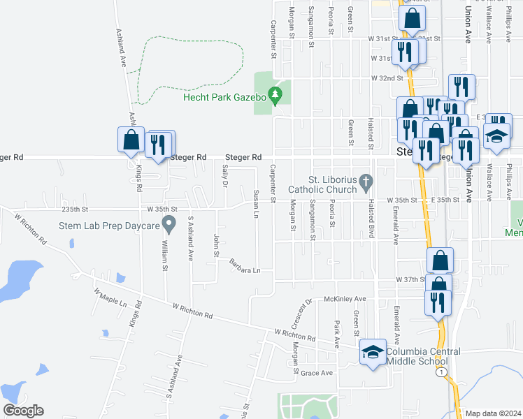 map of restaurants, bars, coffee shops, grocery stores, and more near 3507 Susan Lane in Steger
