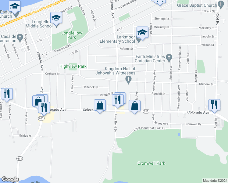 map of restaurants, bars, coffee shops, grocery stores, and more near 1528 Missouri Avenue in Lorain