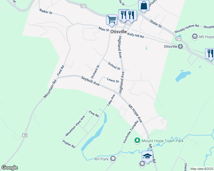 map of restaurants, bars, coffee shops, grocery stores, and more near 11 Lewis Street in Otisville