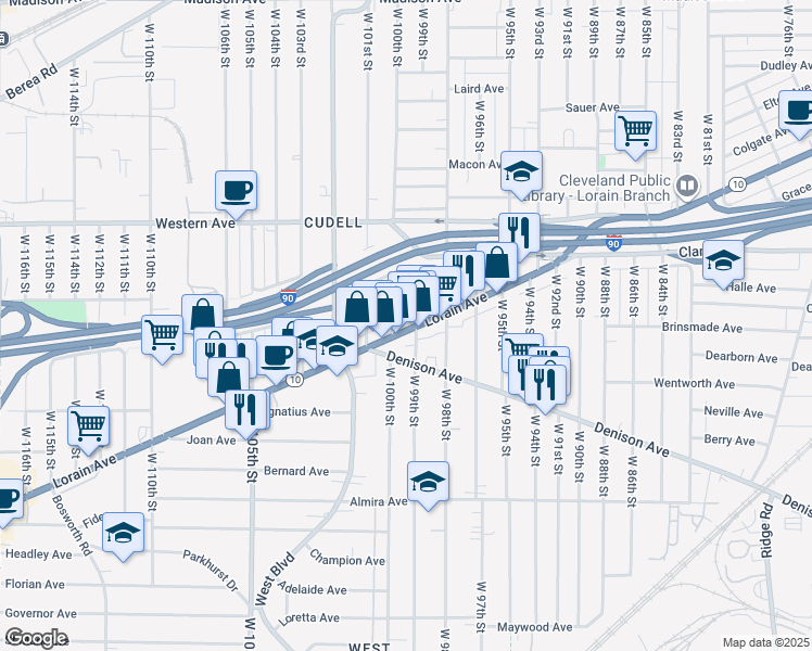 map of restaurants, bars, coffee shops, grocery stores, and more near in Cleveland