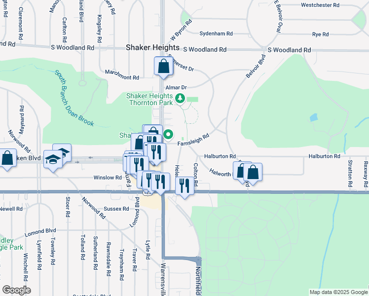 map of restaurants, bars, coffee shops, grocery stores, and more near 20676 Halworth Road in Shaker Heights