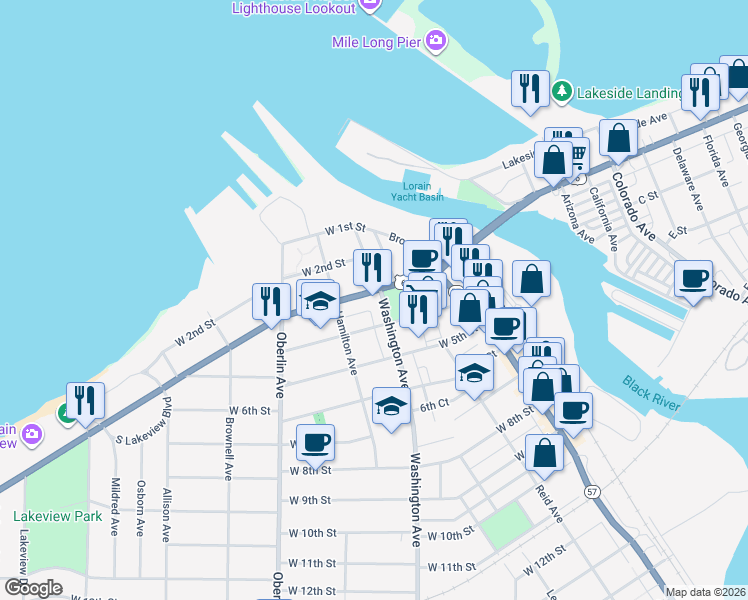 map of restaurants, bars, coffee shops, grocery stores, and more near 300 Washington Avenue in Lorain
