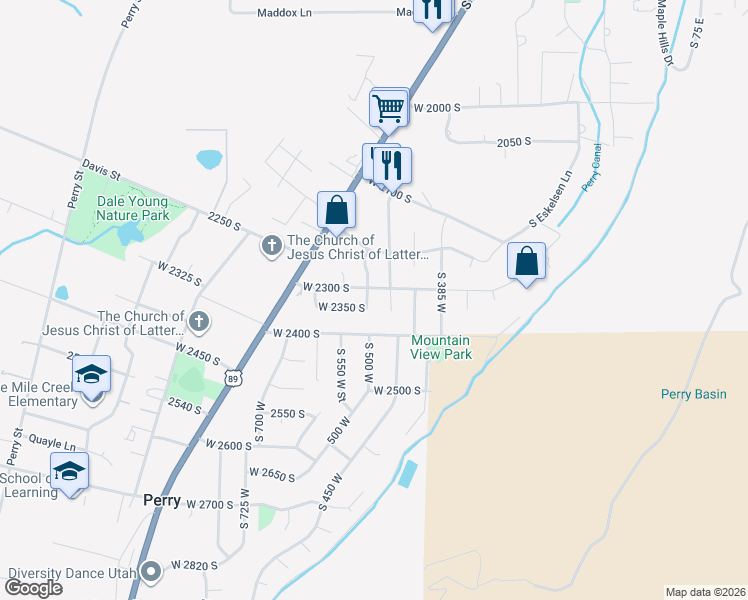 map of restaurants, bars, coffee shops, grocery stores, and more near 2325 South 525 West in Perry