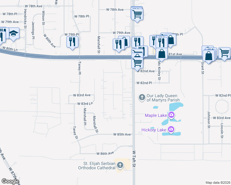 map of restaurants, bars, coffee shops, grocery stores, and more near 8239 Ellsworth Court in Merrillville