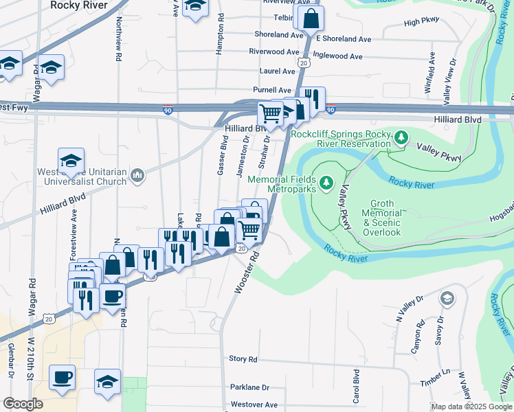 map of restaurants, bars, coffee shops, grocery stores, and more near 2691 Struhar Drive in Rocky River