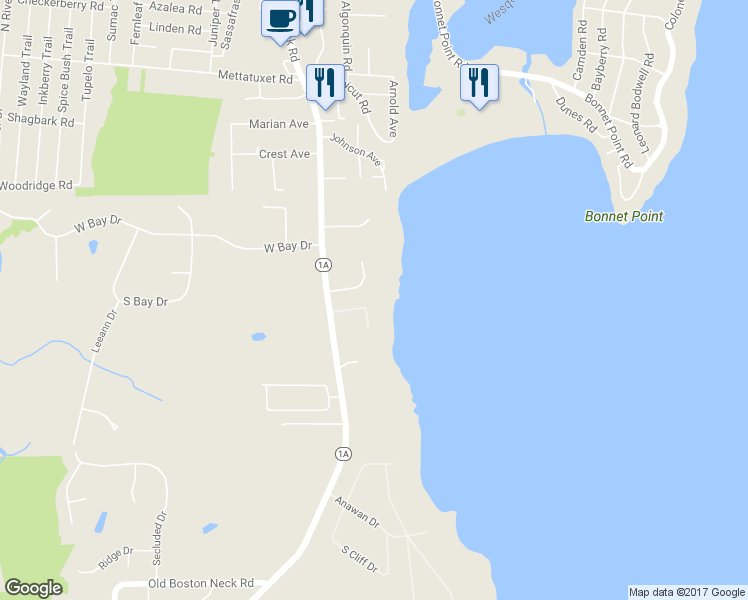 map of restaurants, bars, coffee shops, grocery stores, and more near 739 Boston Neck Road in Narragansett