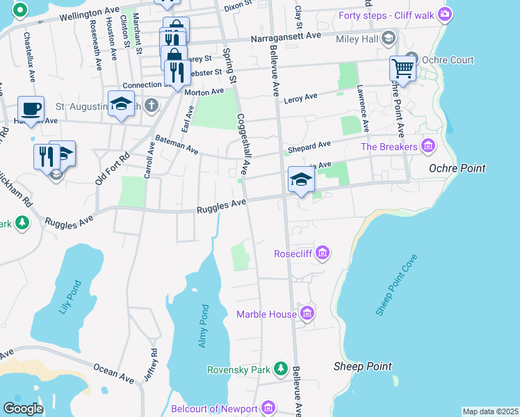 map of restaurants, bars, coffee shops, grocery stores, and more near 175 Ruggles Avenue in Newport