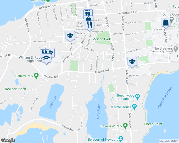 map of restaurants, bars, coffee shops, grocery stores, and more near 122 Ruggles Avenue in Newport