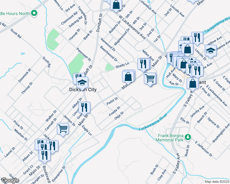 map of restaurants, bars, coffee shops, grocery stores, and more near 517 Pancoast Street in Dickson City