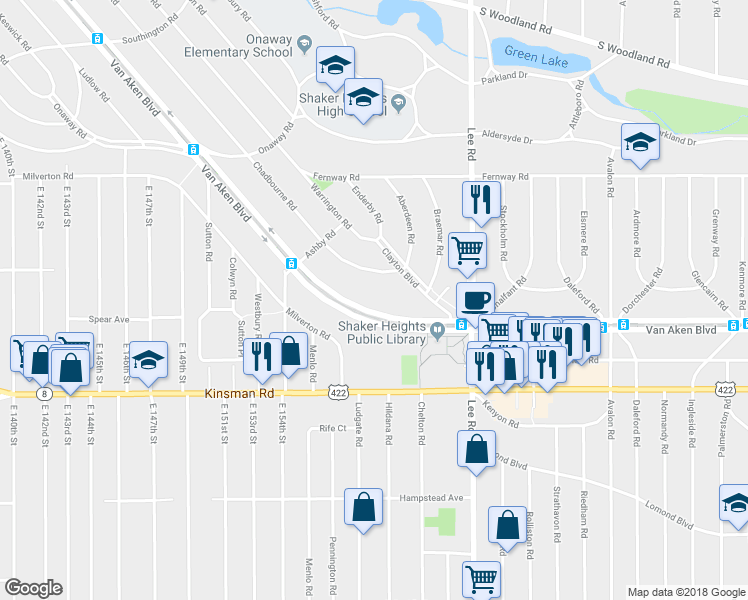 map of restaurants, bars, coffee shops, grocery stores, and more near 16015 Van Aken Boulevard in Shaker Heights