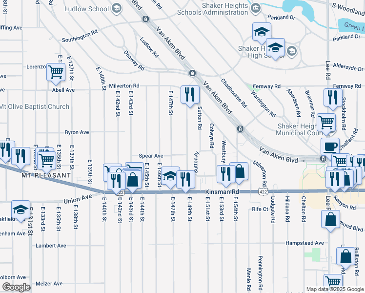 map of restaurants, bars, coffee shops, grocery stores, and more near 3386 East 149th Street in Cleveland