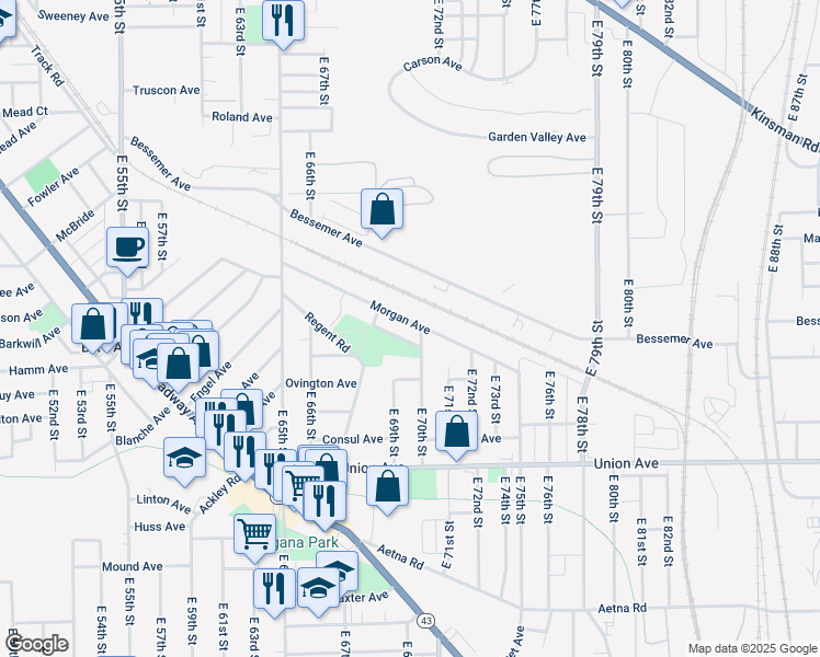 map of restaurants, bars, coffee shops, grocery stores, and more near 6826 Morgan Avenue in Cleveland