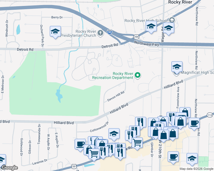 map of restaurants, bars, coffee shops, grocery stores, and more near 2724 Country Club Boulevard in Rocky River