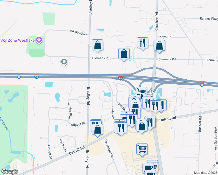 map of restaurants, bars, coffee shops, grocery stores, and more near 1310 Crossings Parkway in Westlake