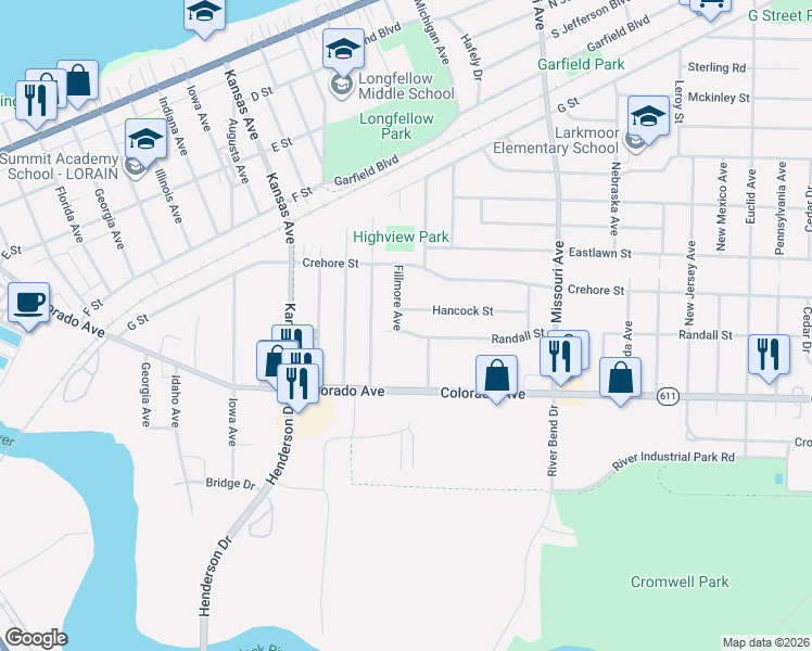 map of restaurants, bars, coffee shops, grocery stores, and more near 1840 Hancock Street in Lorain
