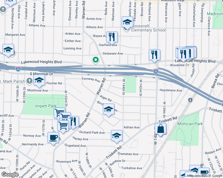 map of restaurants, bars, coffee shops, grocery stores, and more near 3101 W 146th St in Cleveland