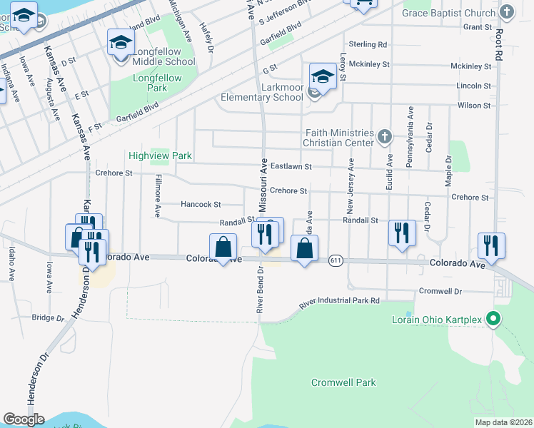 map of restaurants, bars, coffee shops, grocery stores, and more near 1525 Missouri Avenue in Lorain
