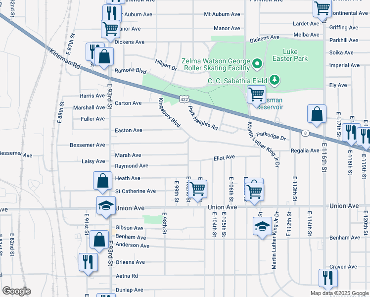 map of restaurants, bars, coffee shops, grocery stores, and more near 3348 East 102nd Street in Cleveland