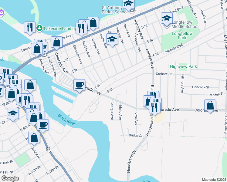 map of restaurants, bars, coffee shops, grocery stores, and more near 926 G Street in Lorain