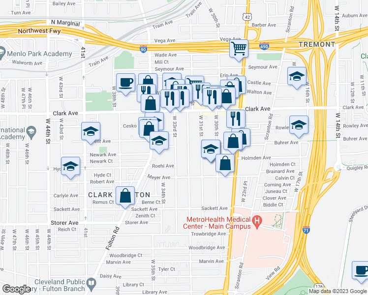 map of restaurants, bars, coffee shops, grocery stores, and more near 3190 West 32nd Street in Cleveland