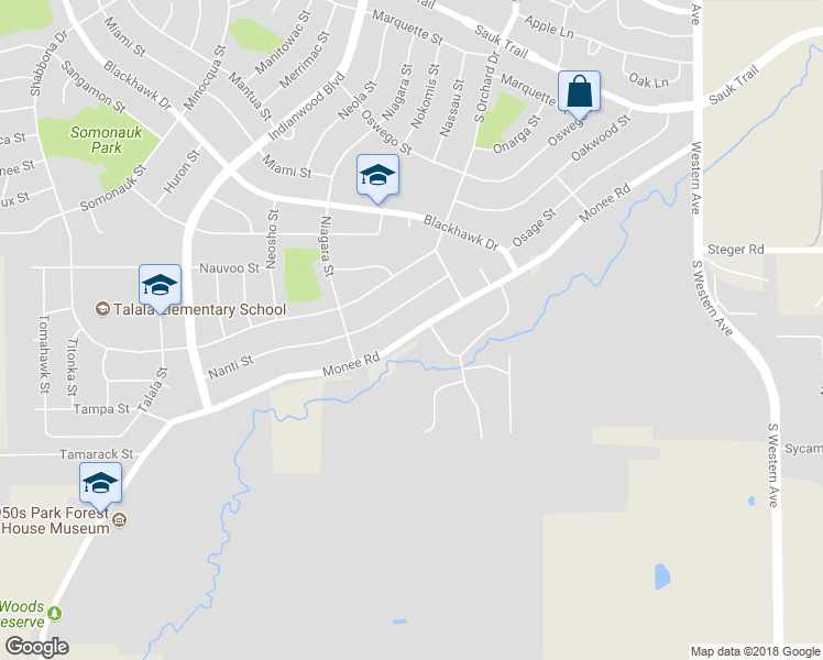 map of restaurants, bars, coffee shops, grocery stores, and more near 118 Monee Road in Park Forest